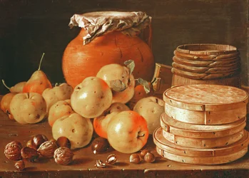 Nature morte avec pommes, noix, poires et boîtes de bonbons